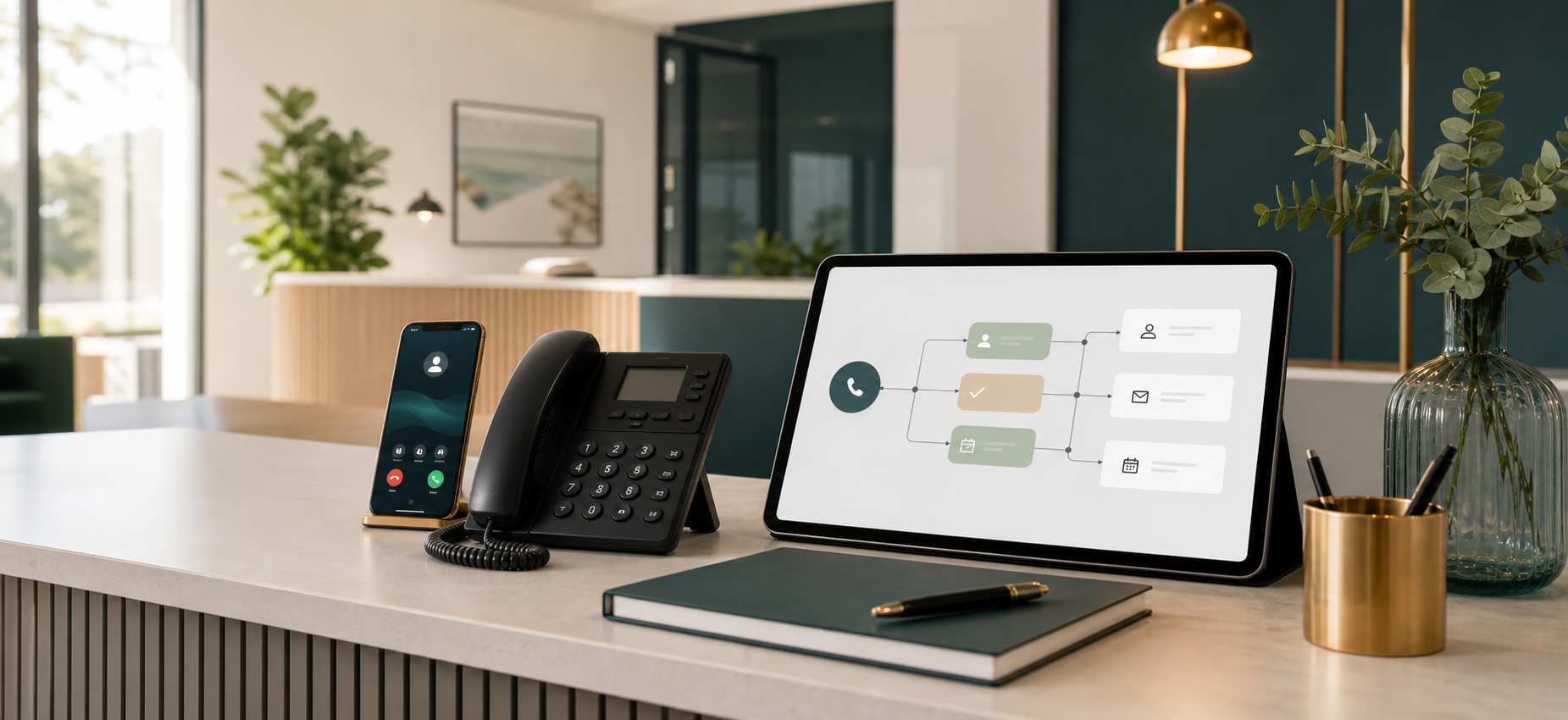 Desk with phone, smartphone, and call workflow tablet