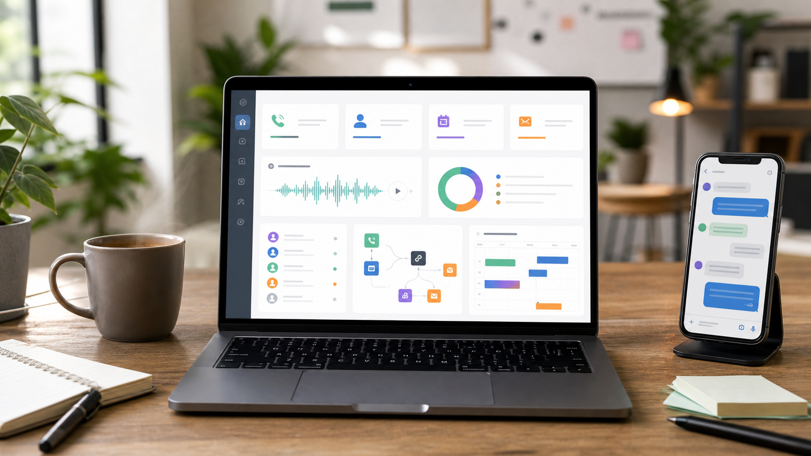 Abstract call workflow dashboard on a laptop and phone