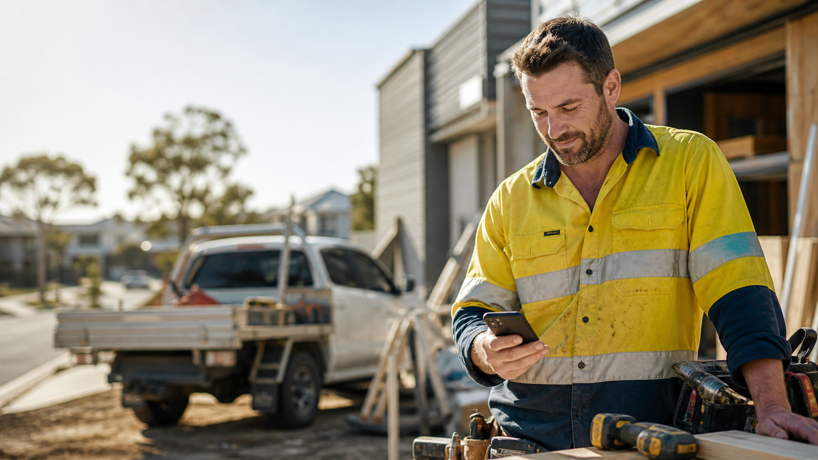 Australian tradie checking a phone while work continues on site
